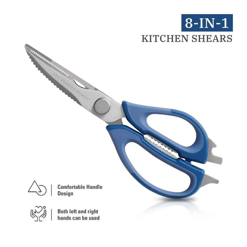 Pioneer Woman Serrated Chef Kitchen Shears 8 in 1 Stainless Steel Blue